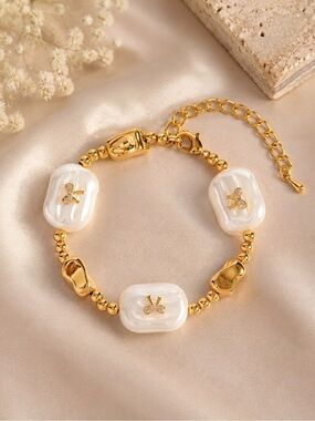 Luxury Gold Beaded Bracelet with White Baroque Pearl Charms